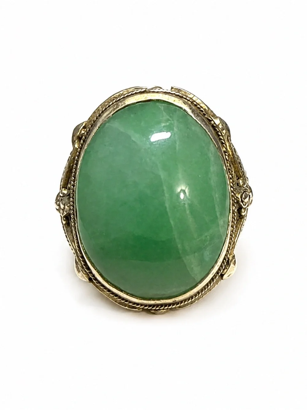 Antique Jadeite Silver Ring Green Jade Filigree Statement 8.21g